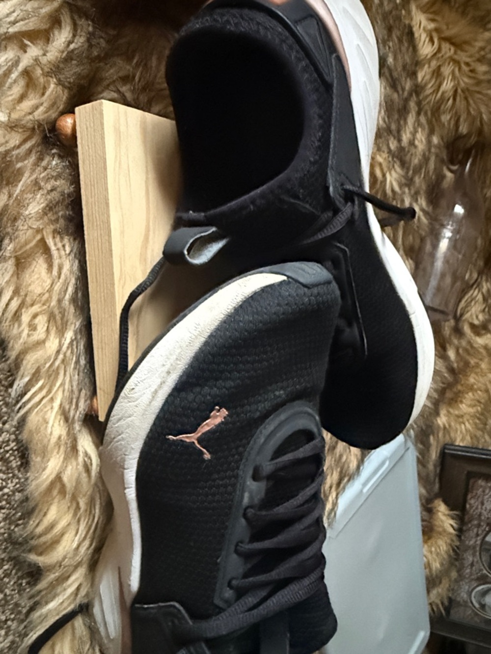 Puma Black Mesh Athletic Sneakers with White Sole and Rose Gold Logo